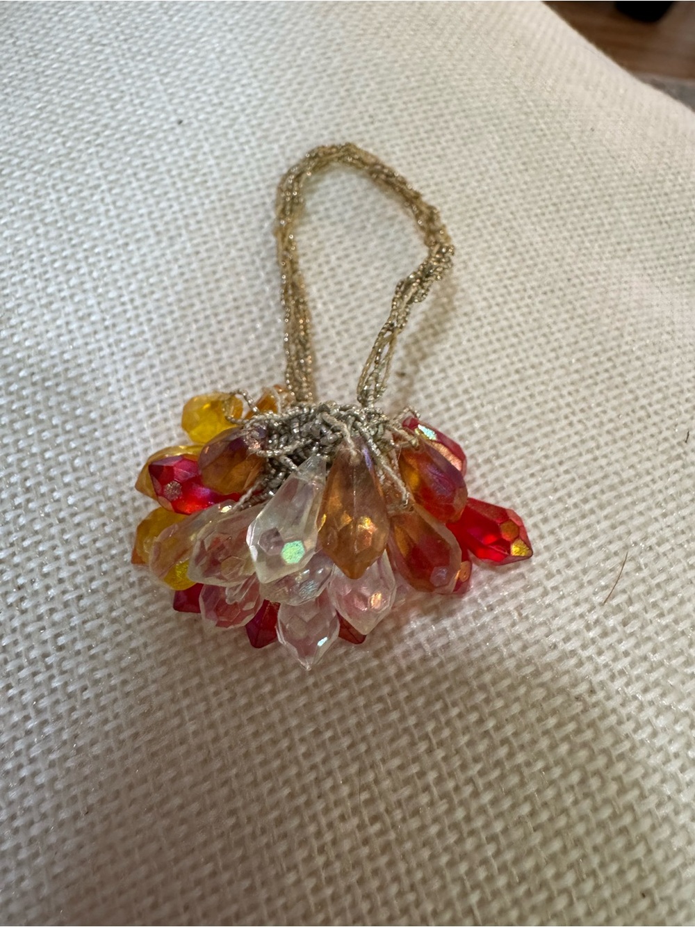 Gold Tassel hair with Red, Orange and Clear Crystal Drops